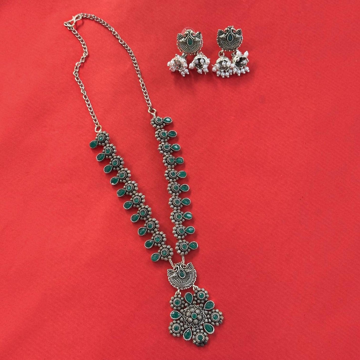Oxidised Necklace - Green Stone Floral & Peacock Grace