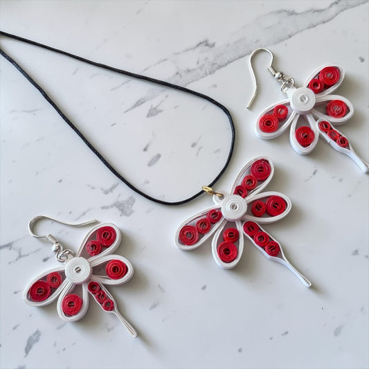 Earrings & Pendant set - Scarlet Flutter Dragonfly
