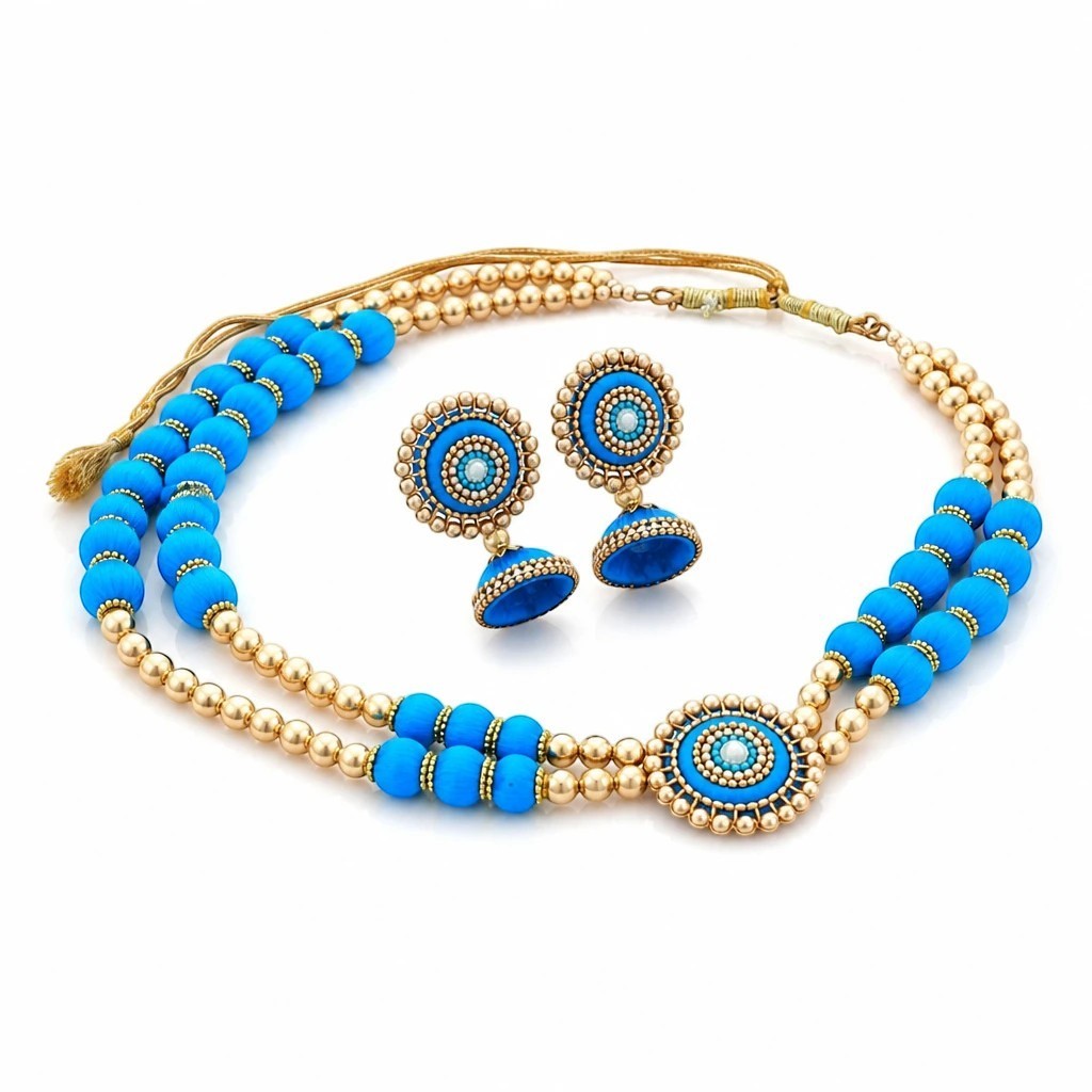Gapochi choker necklace and jhumka earring set featuring round light blue and gold beads with intricate detailing.