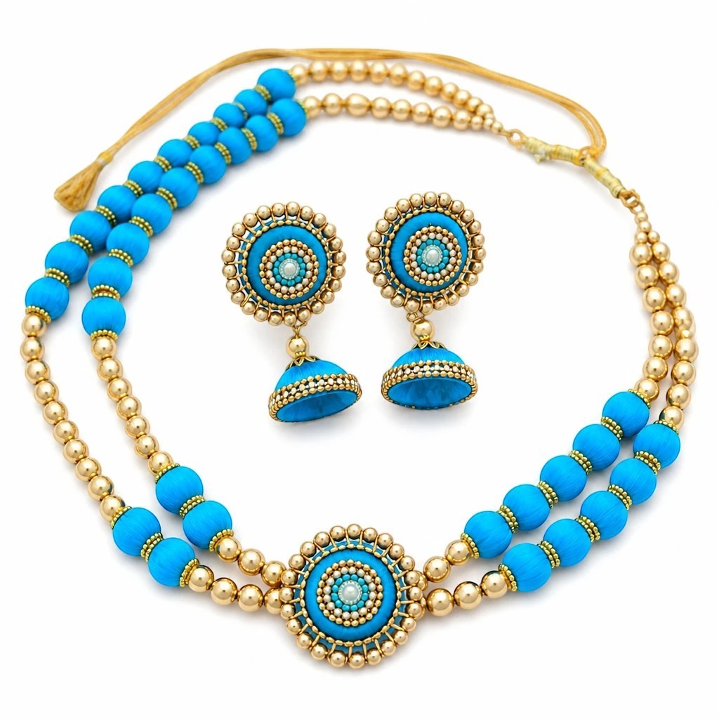 Gapochi choker necklace and jhumka earring set featuring round light blue and gold beads with intricate detailing.