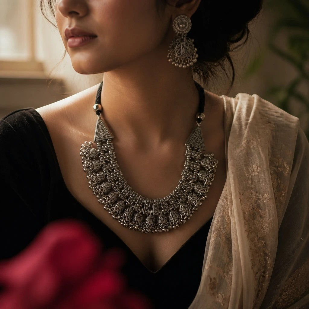 Gapochi oxidised silver tribal jhumki choker necklace and matching earrings set with intricate filigree details