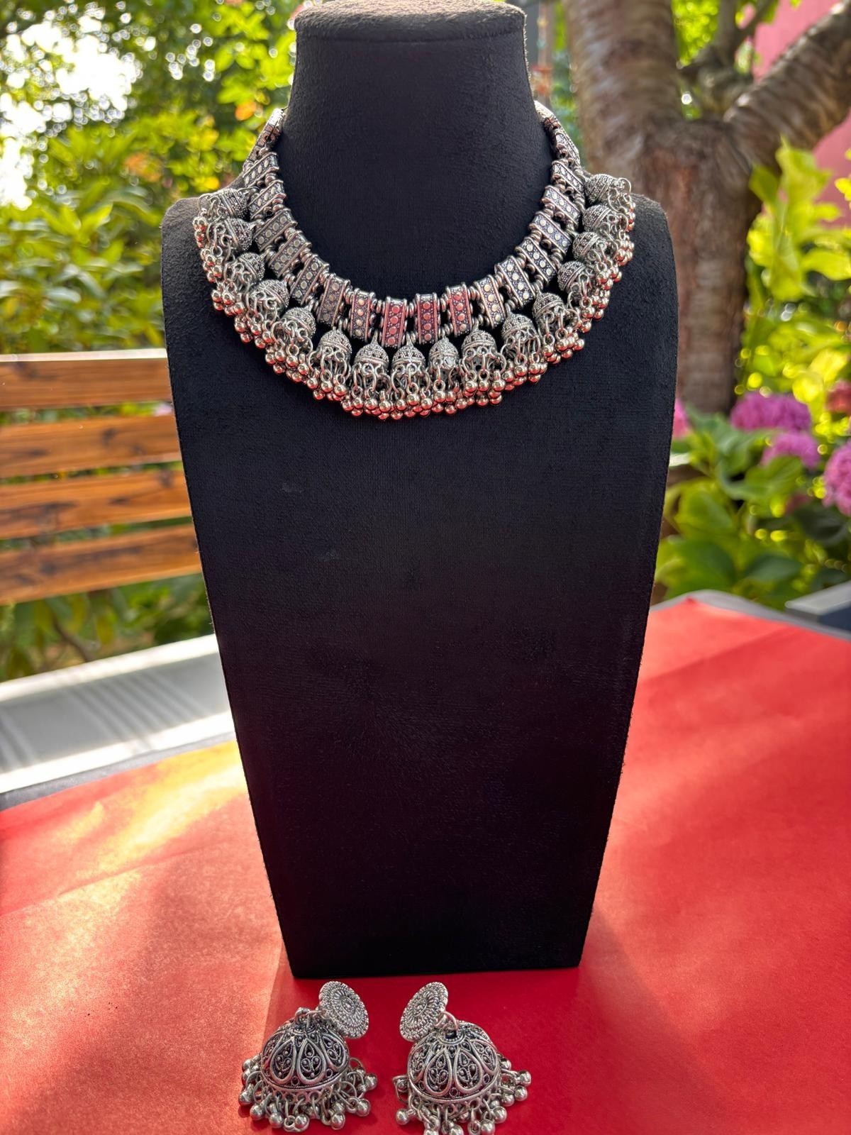 Gapochi oxidised silver tribal jhumki choker necklace and matching earrings set with intricate filigree and beads