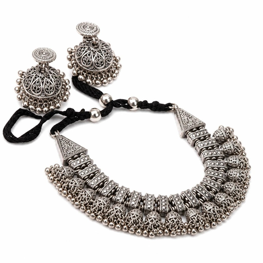 Gapochi oxidised silver tribal jhumki choker necklace and matching earrings set with intricate filigree detailing
