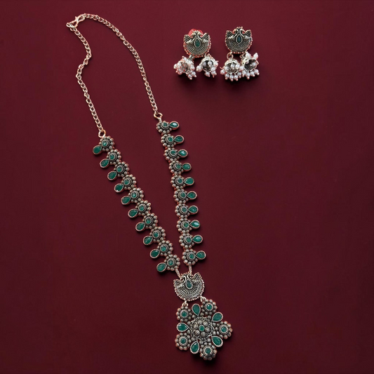 Oxidised Necklace - Green Stone Floral & Peacock Grace