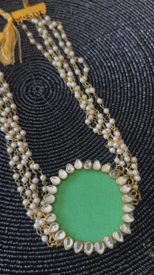 Fabric round choker set with beaded necklace - green