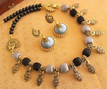 Fadenarbeit Halsketten-Set in Grau-Schwarz mit künstlichen Perlen